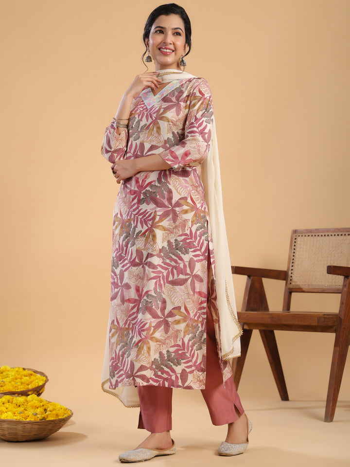 Pink Chanderi Kurta Set with Tropical Print