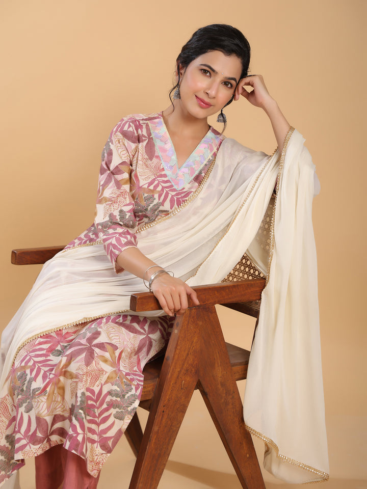 Pink Chanderi Kurta Set with Tropical Print