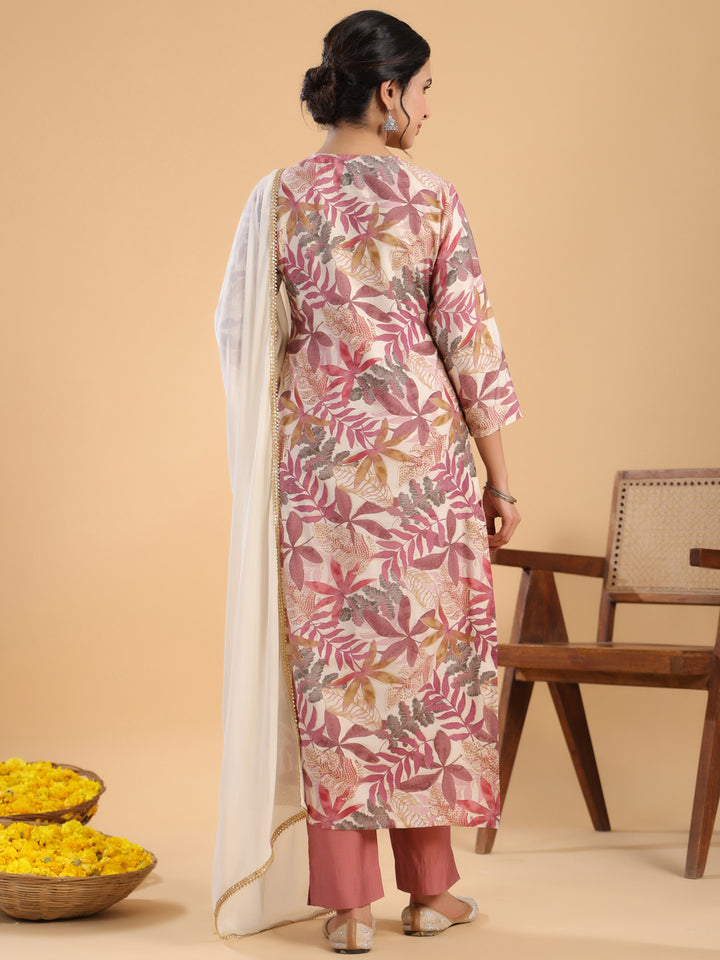 Pink Chanderi Kurta Set with Tropical Print