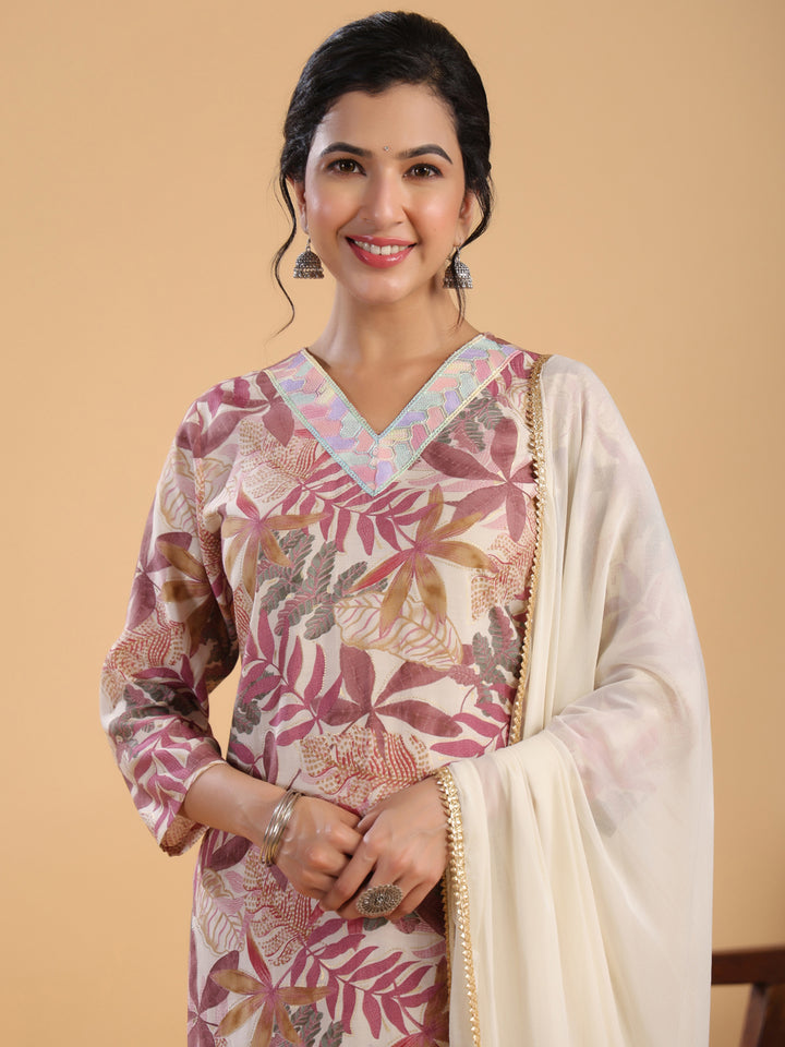 Pink Chanderi Kurta Set with Tropical Print