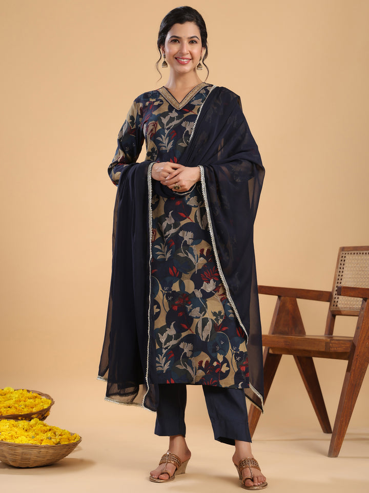 Navy Blue Poly Chanderi Kurta Set with Floral Print