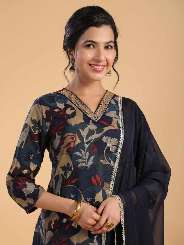 Navy Blue Poly Chanderi Kurta Set with Floral Print