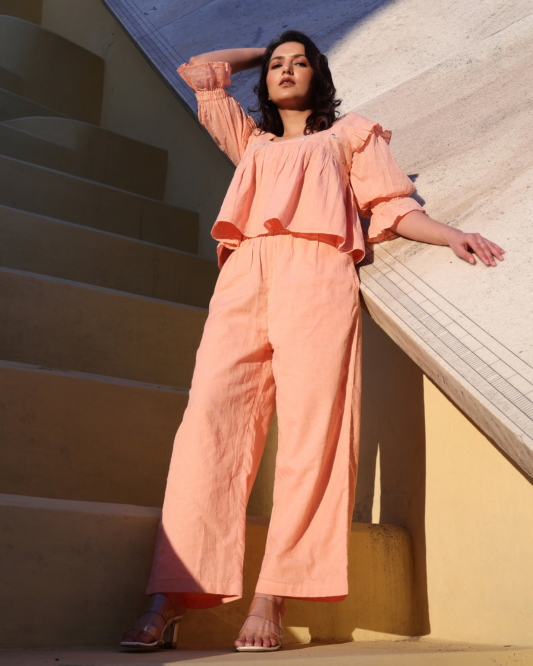 WOMEN'S ORANGE COTTON TEXTURED CO-ORD SET (WITH PANTS & CROP TOP)