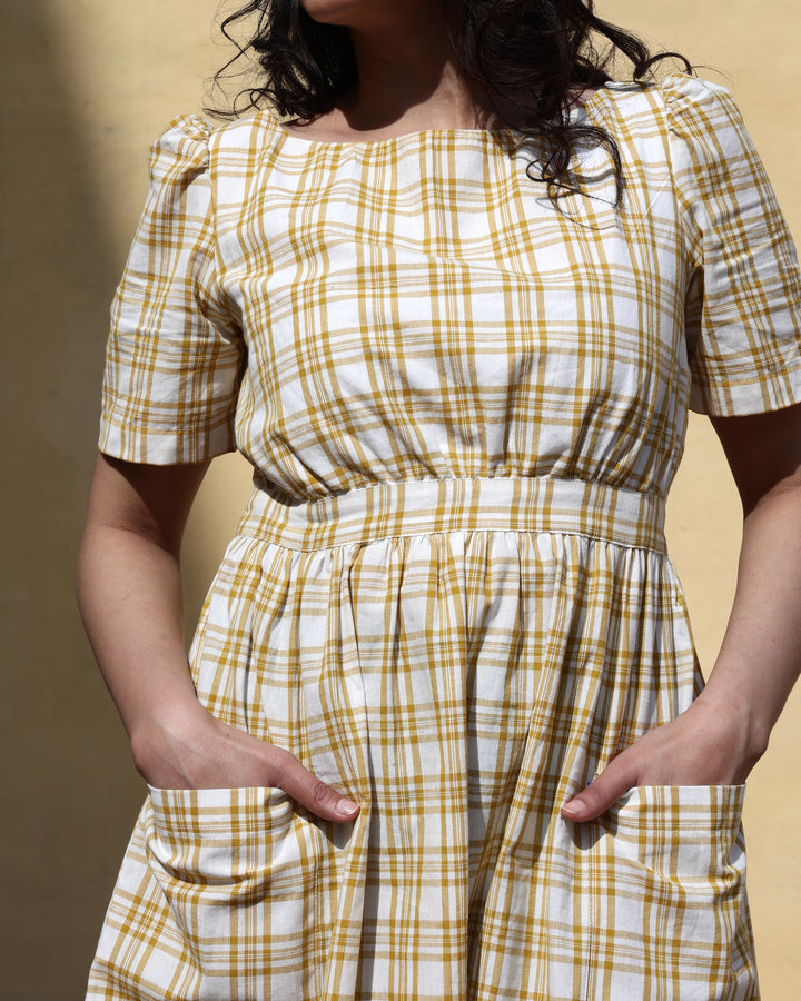 WOMEN COTTON MUSTARD & WHITE CHEQUER PLAID A LINE DRESS