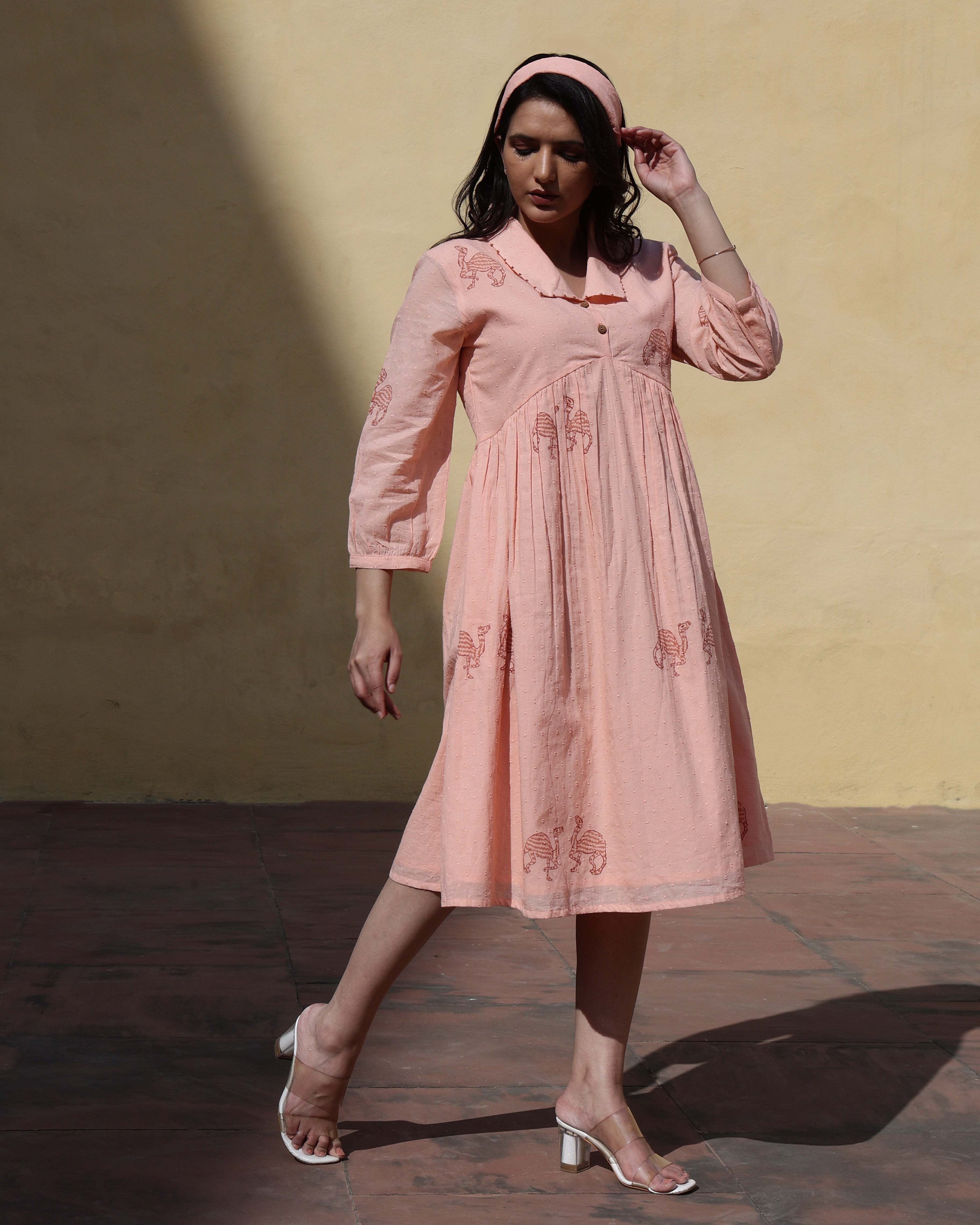 WOMEN ORANGE COTTON TEXTURED HANDBLOCK PAINTED DRESS
