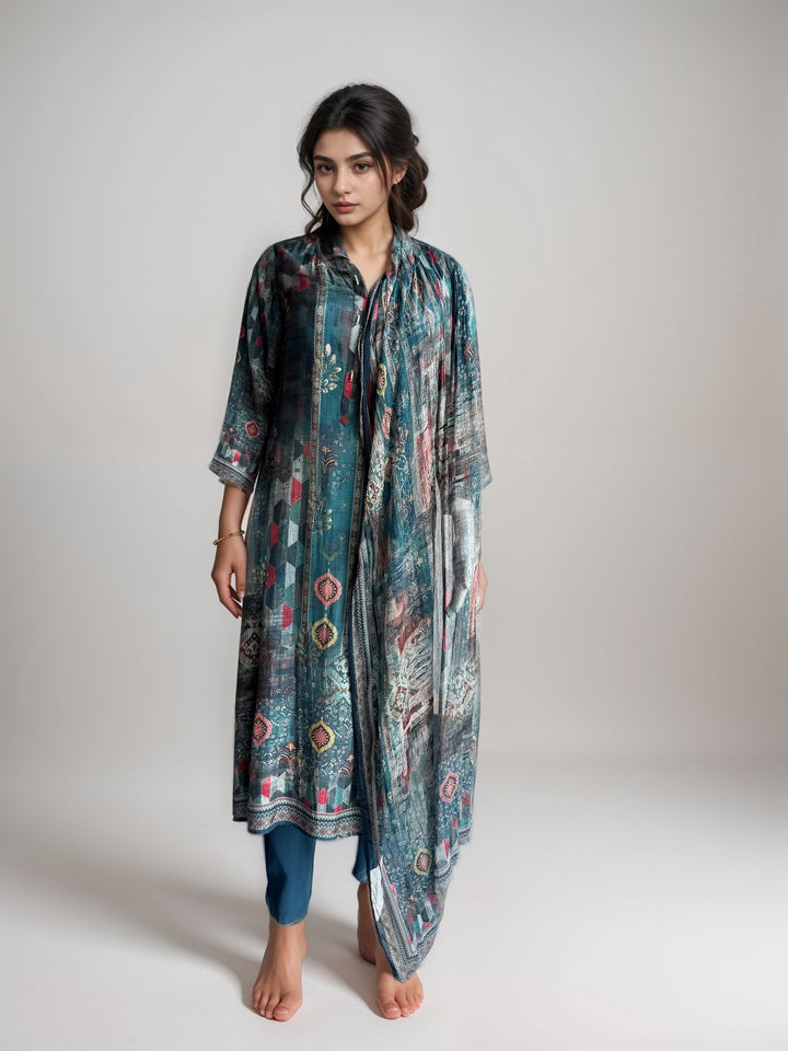 Blue Printed Cotton Kurta set with duptta for Women