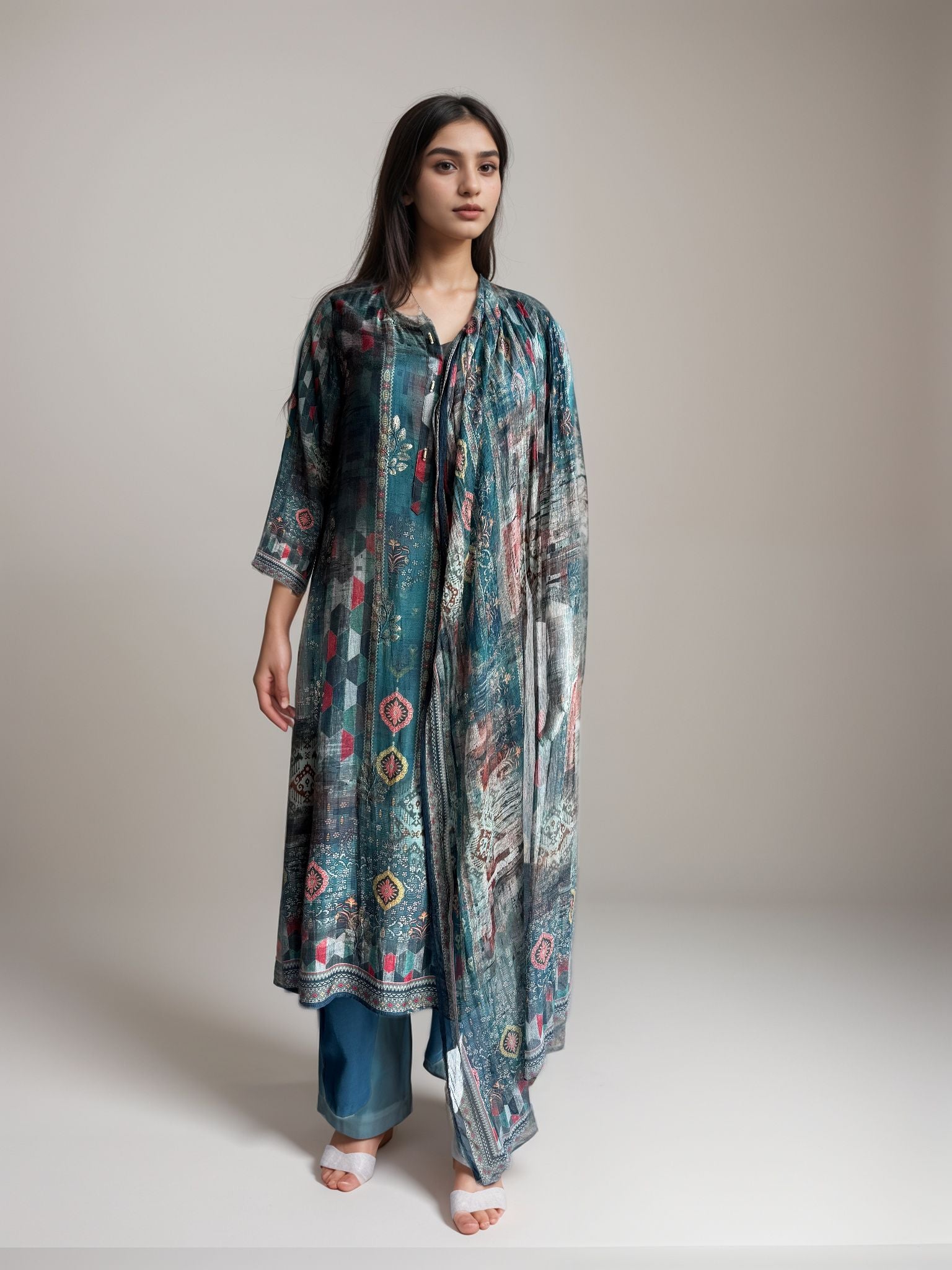 Blue Printed Cotton Kurta set with duptta for Women