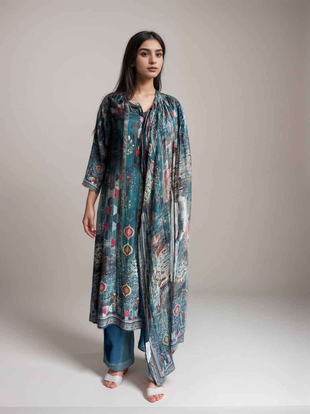 Blue Printed Cotton Kurta set with duptta for Women