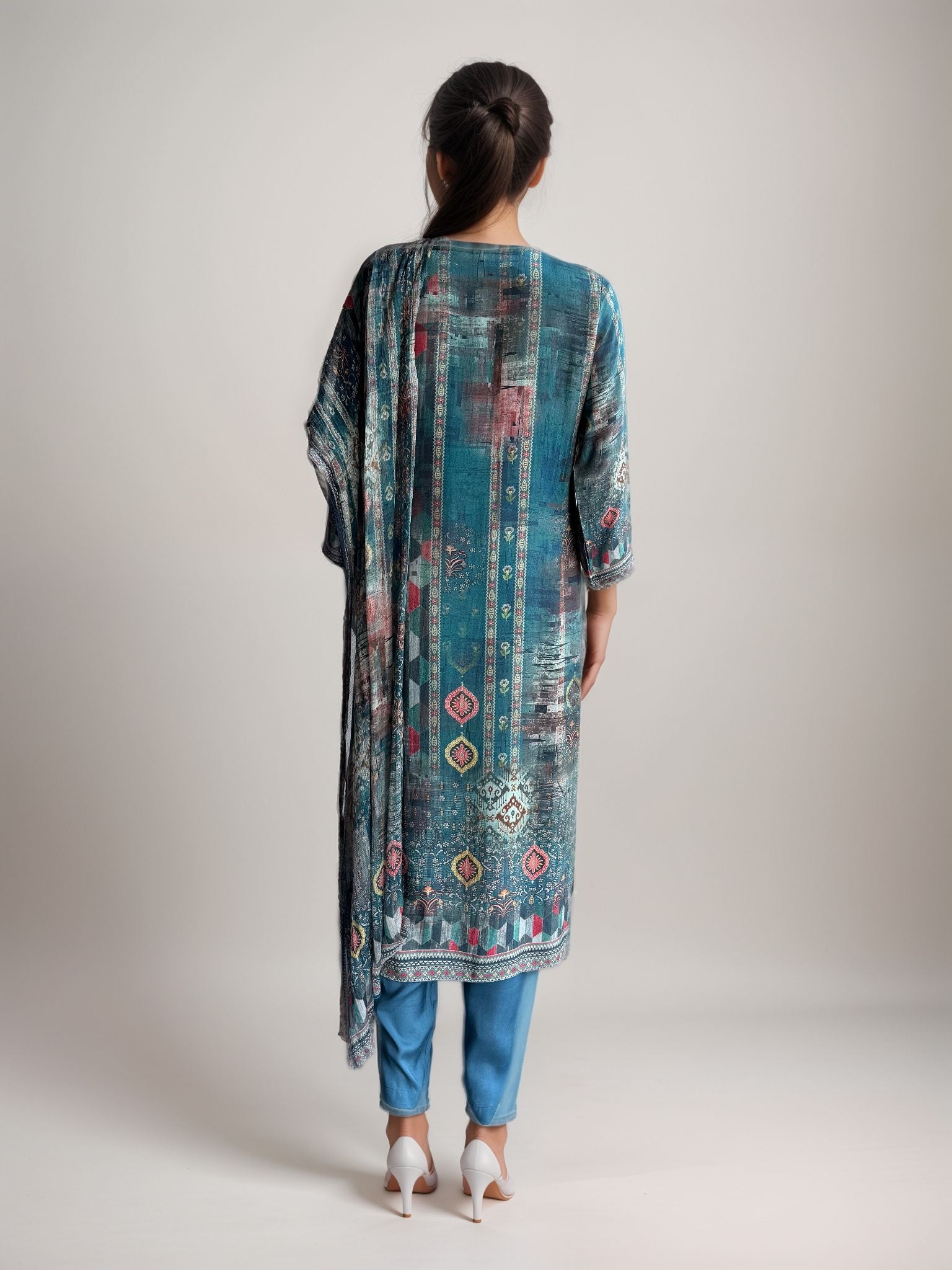 Blue Printed Cotton Kurta set with duptta for Women