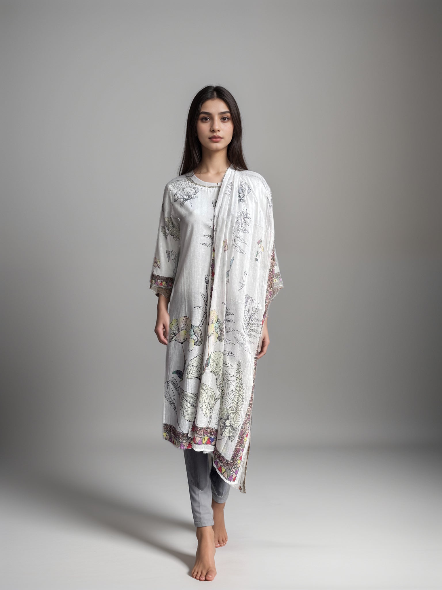 White Printed Cotton Kurta set with duptta for Women