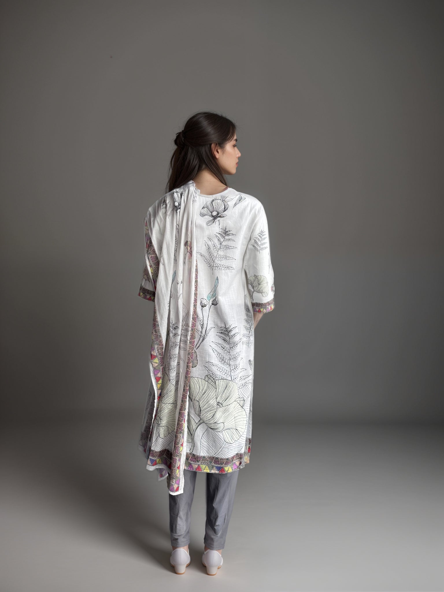 White Printed Cotton Kurta set with duptta for Women