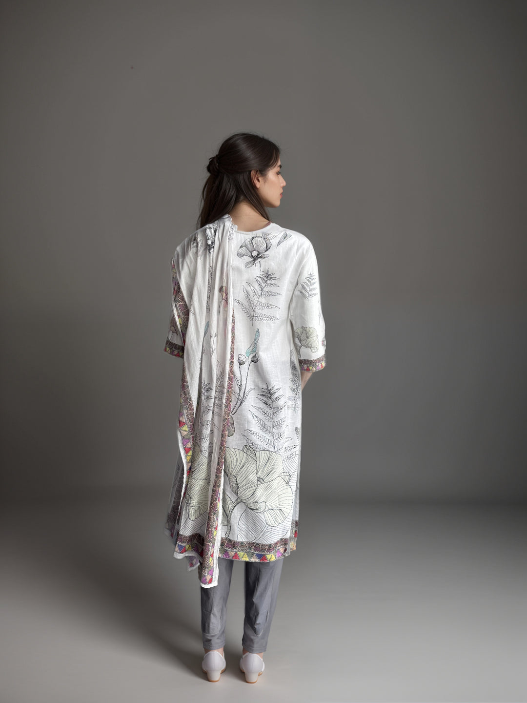 White Printed Cotton Kurta set with duptta for Women