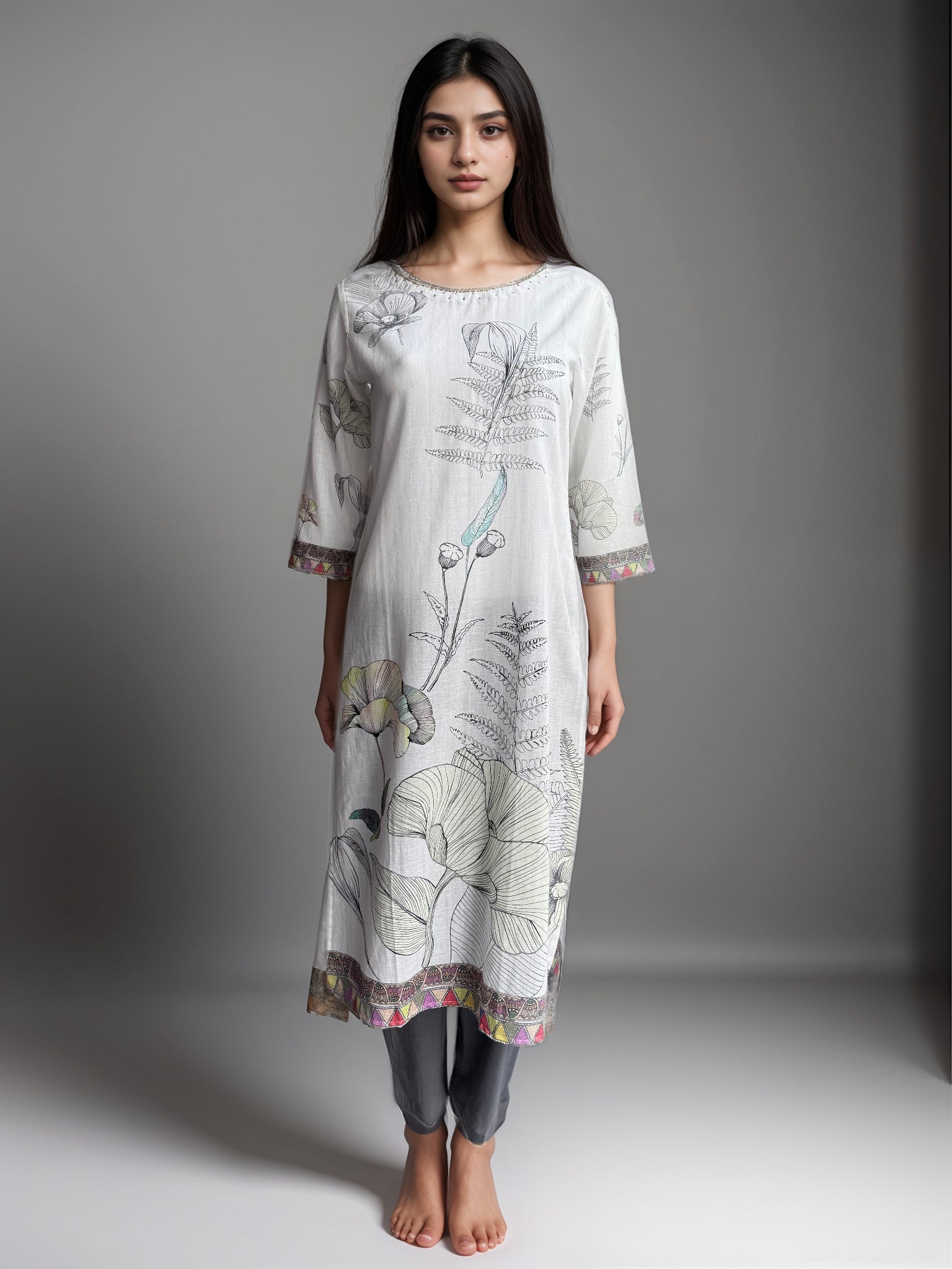 White Printed Cotton Kurta set with duptta for Women