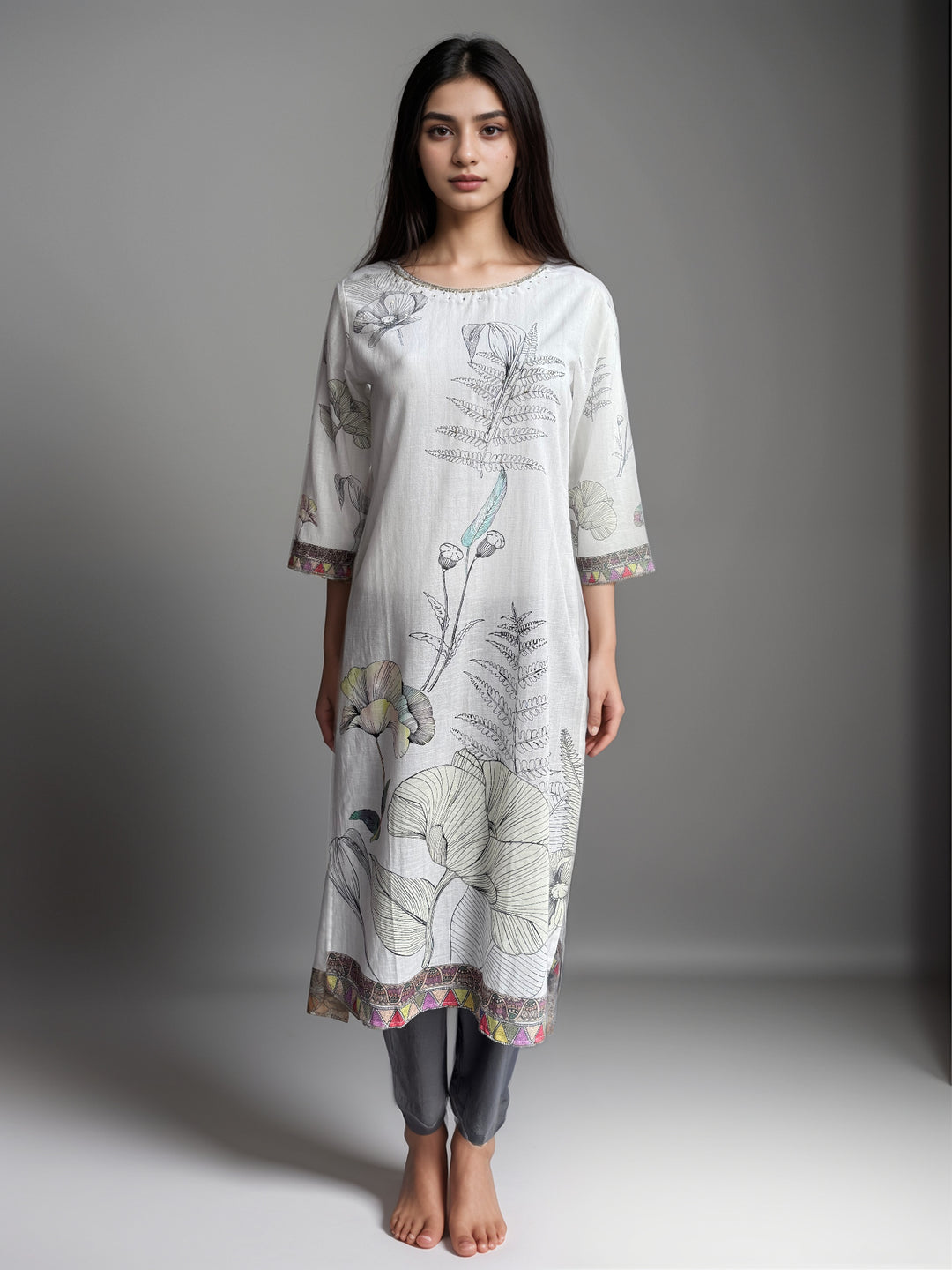 White Printed Cotton Kurta set with duptta for Women