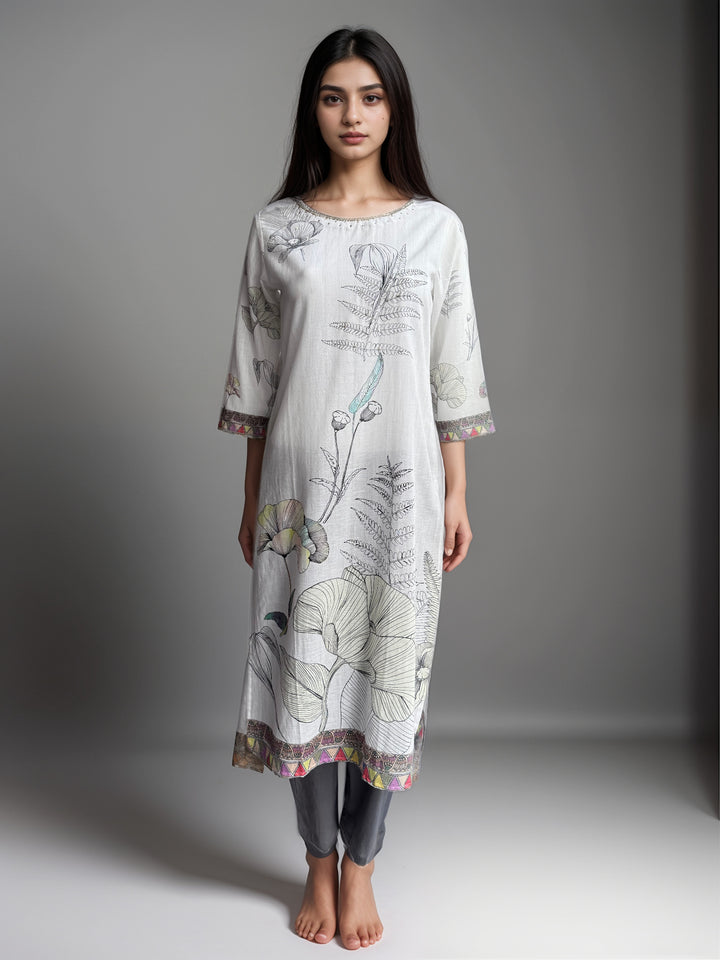 White Printed Cotton Kurta set with duptta for Women