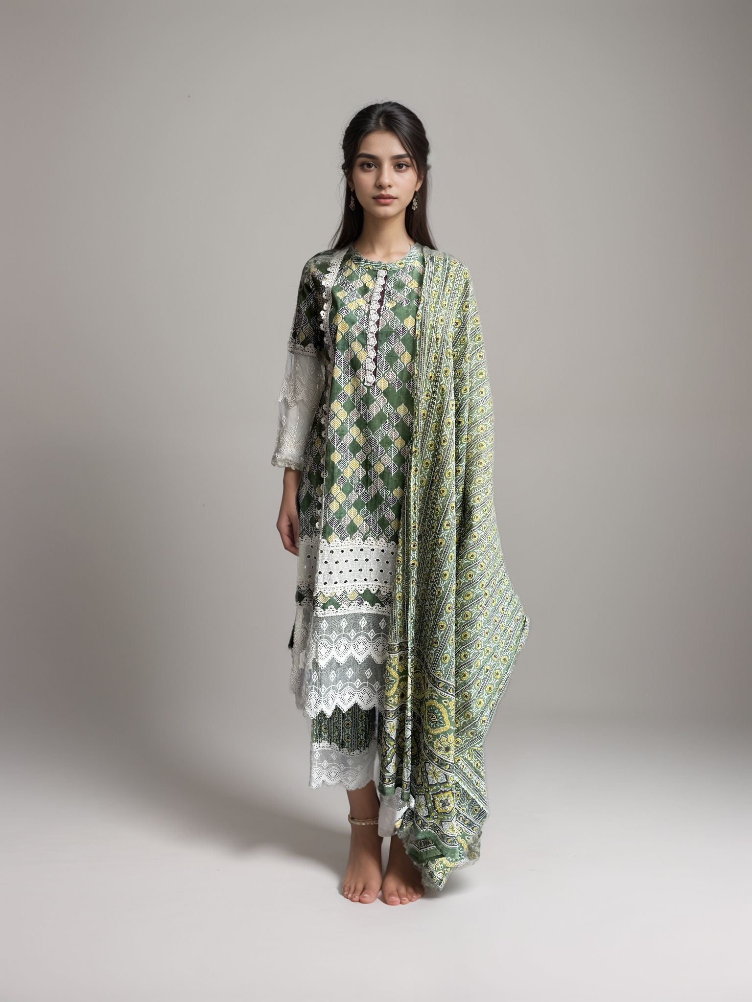 Green Printed Cotton Kurta set with duptta for Women