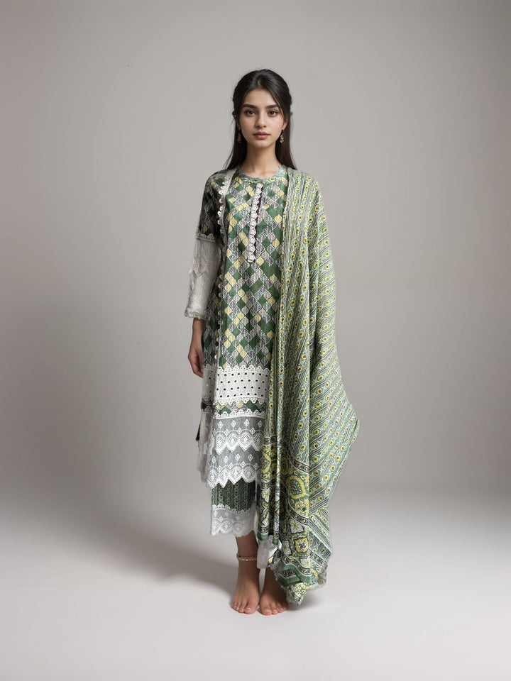 Green Printed Cotton Kurta set with duptta for Women