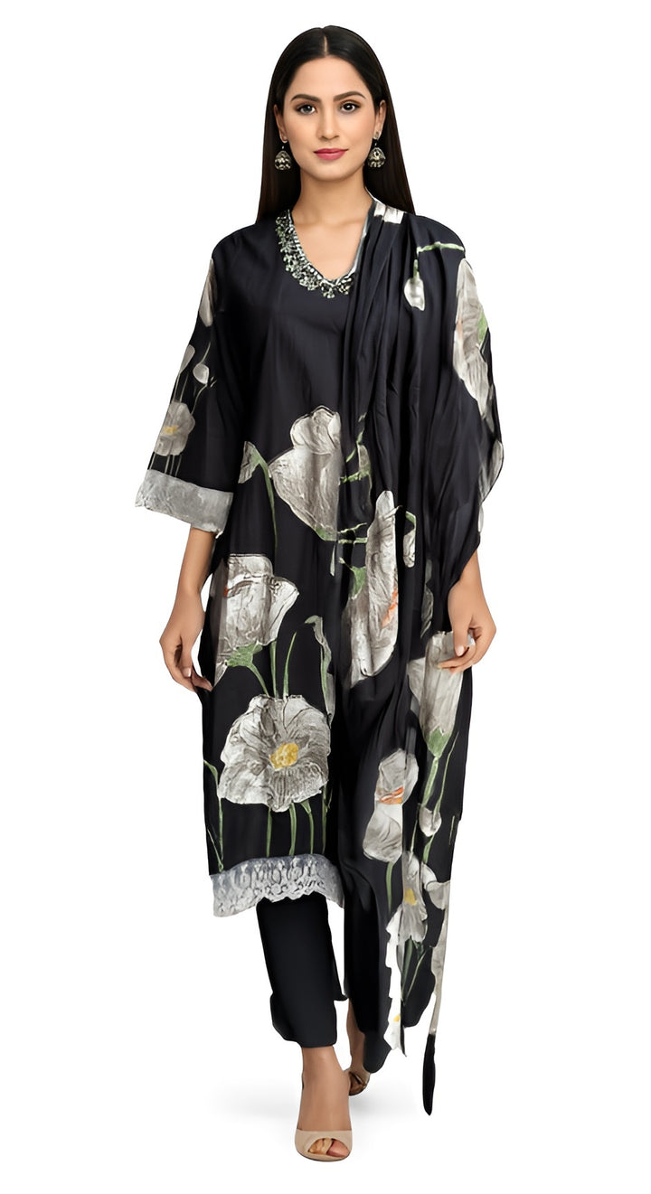 Black Printed Cotton Kurta set with duptta for Women