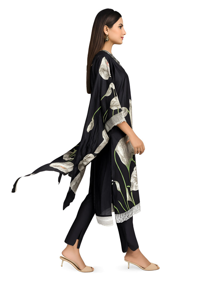 Black Printed Cotton Kurta set with duptta for Women