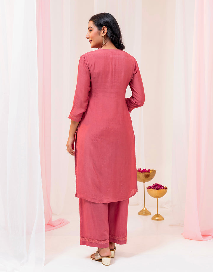 Rust Cotton Flower Applique Embroidered Kurta Set
