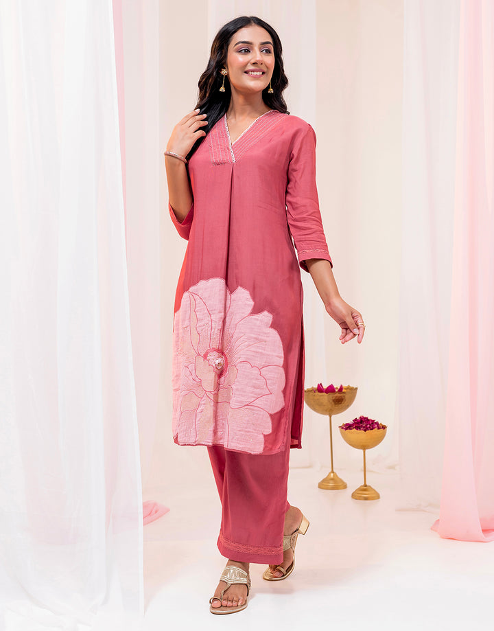Rust Cotton Flower Applique Embroidered Kurta Set