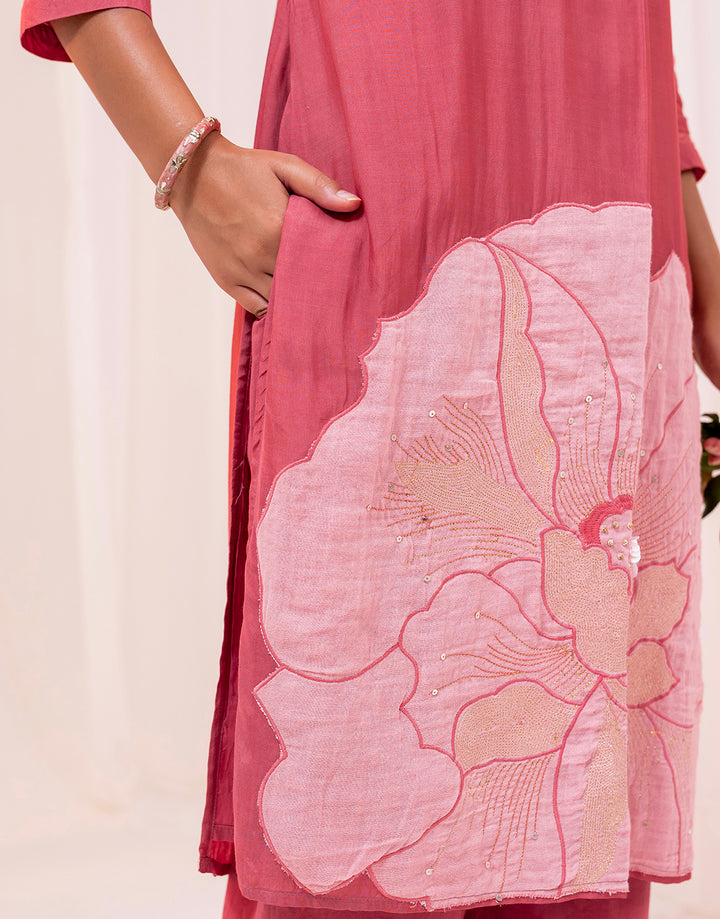 Rust Cotton Flower Applique Embroidered Kurta Set