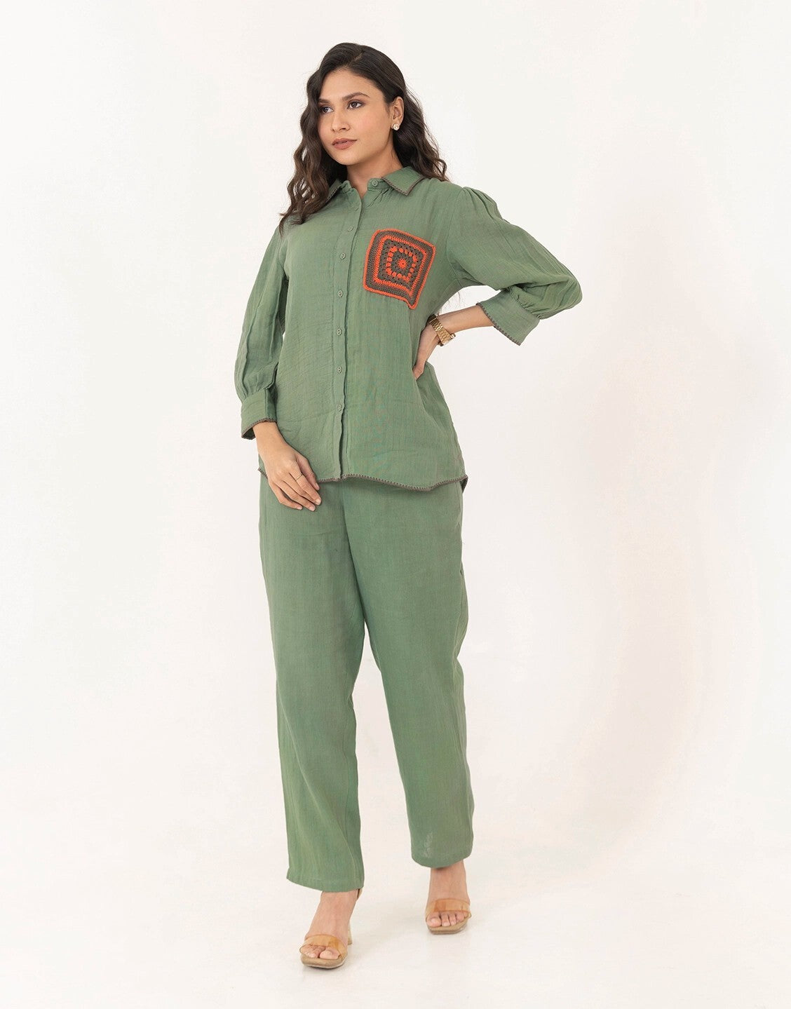 Green Cotton Solid Embroidered Co-Ord Set
