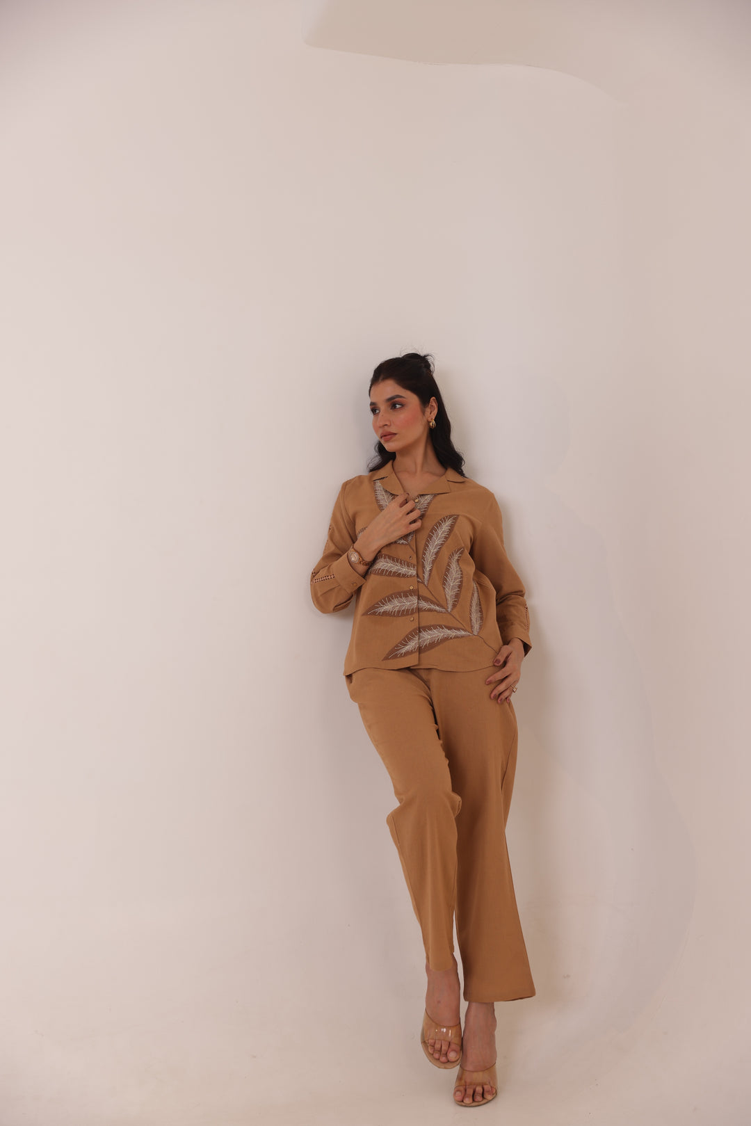 Beige Cotton Floral Embroidered Co-Ord Set