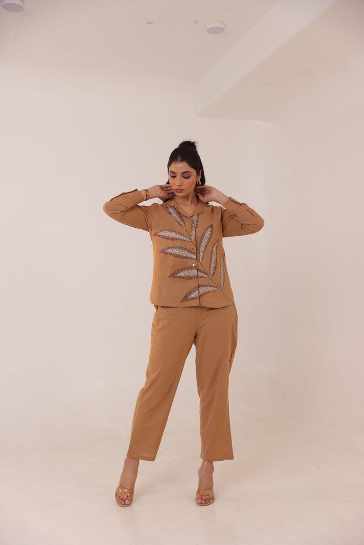 Beige Cotton Floral Embroidered Co-Ord Set