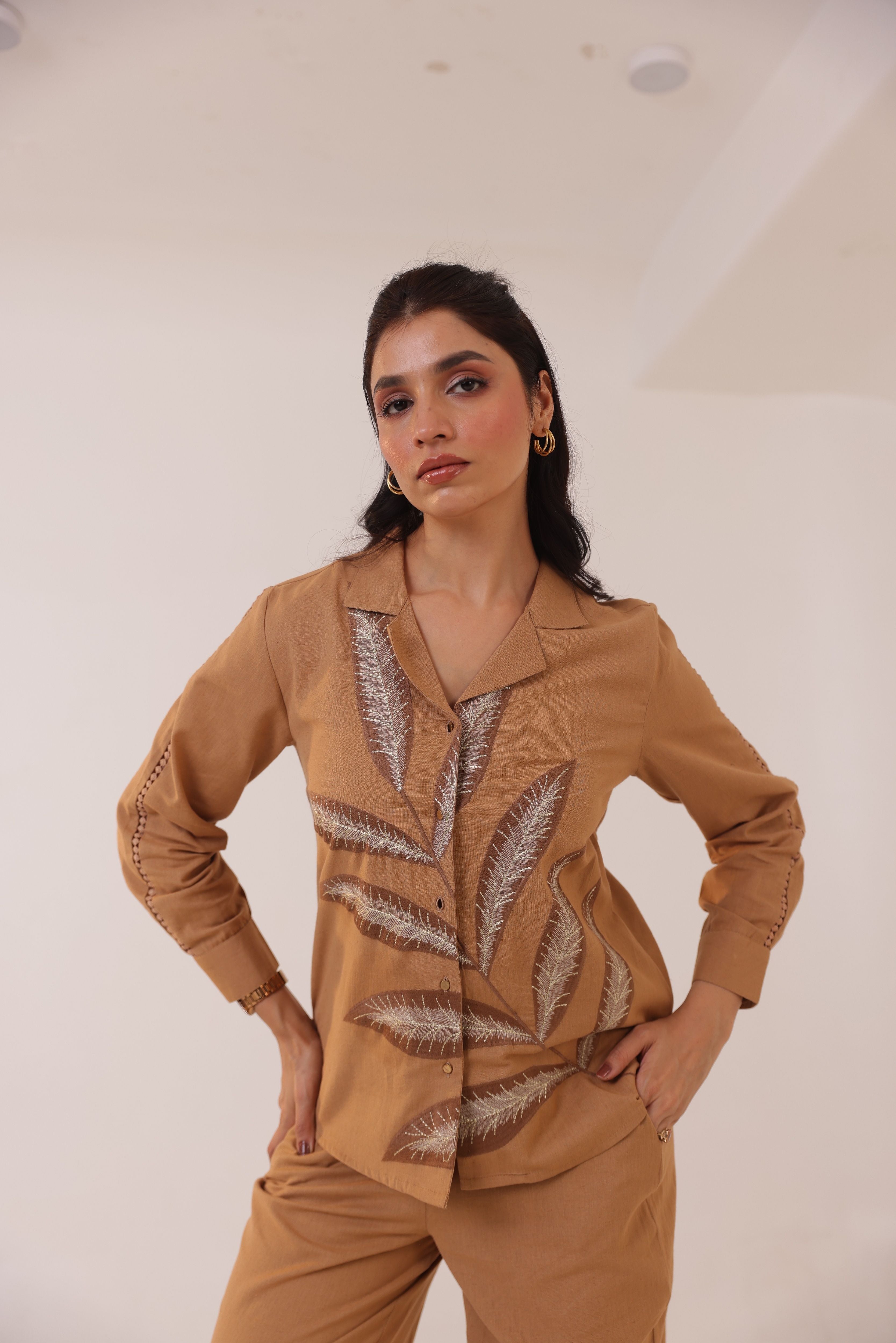 Beige Cotton Floral Embroidered Co-Ord Set