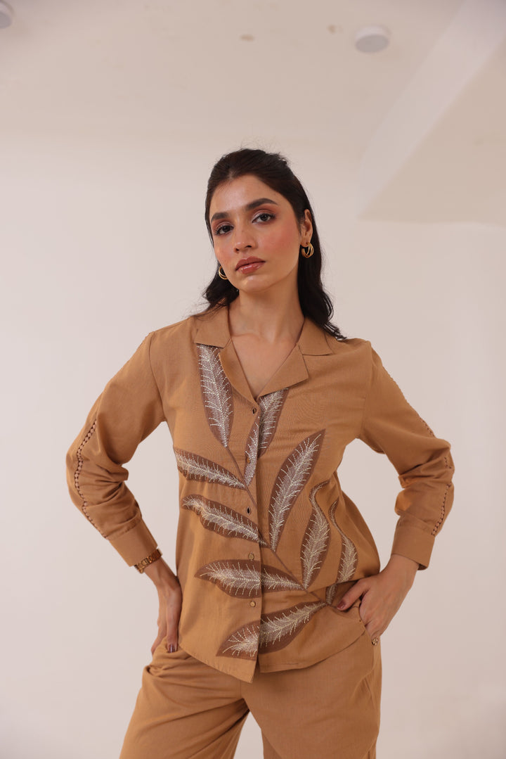 Beige Cotton Floral Embroidered Co-Ord Set