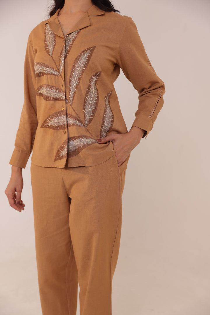 Beige Cotton Floral Embroidered Co-Ord Set
