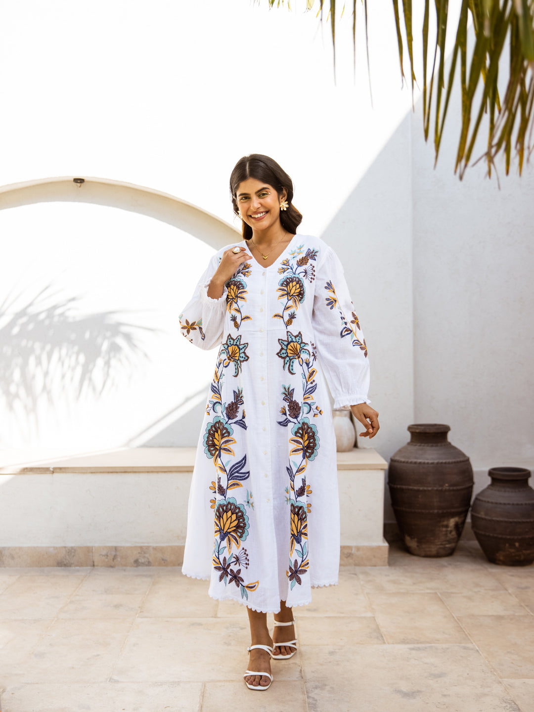 White Cotton Embroidery Dress
