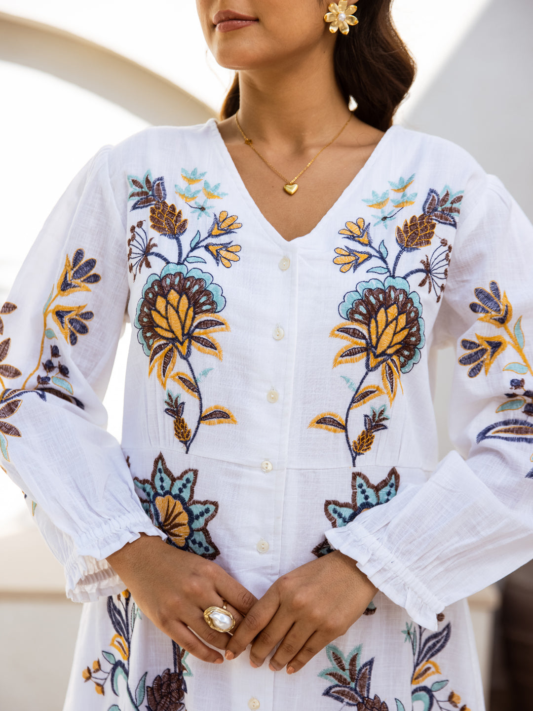 White Cotton Embroidery Dress