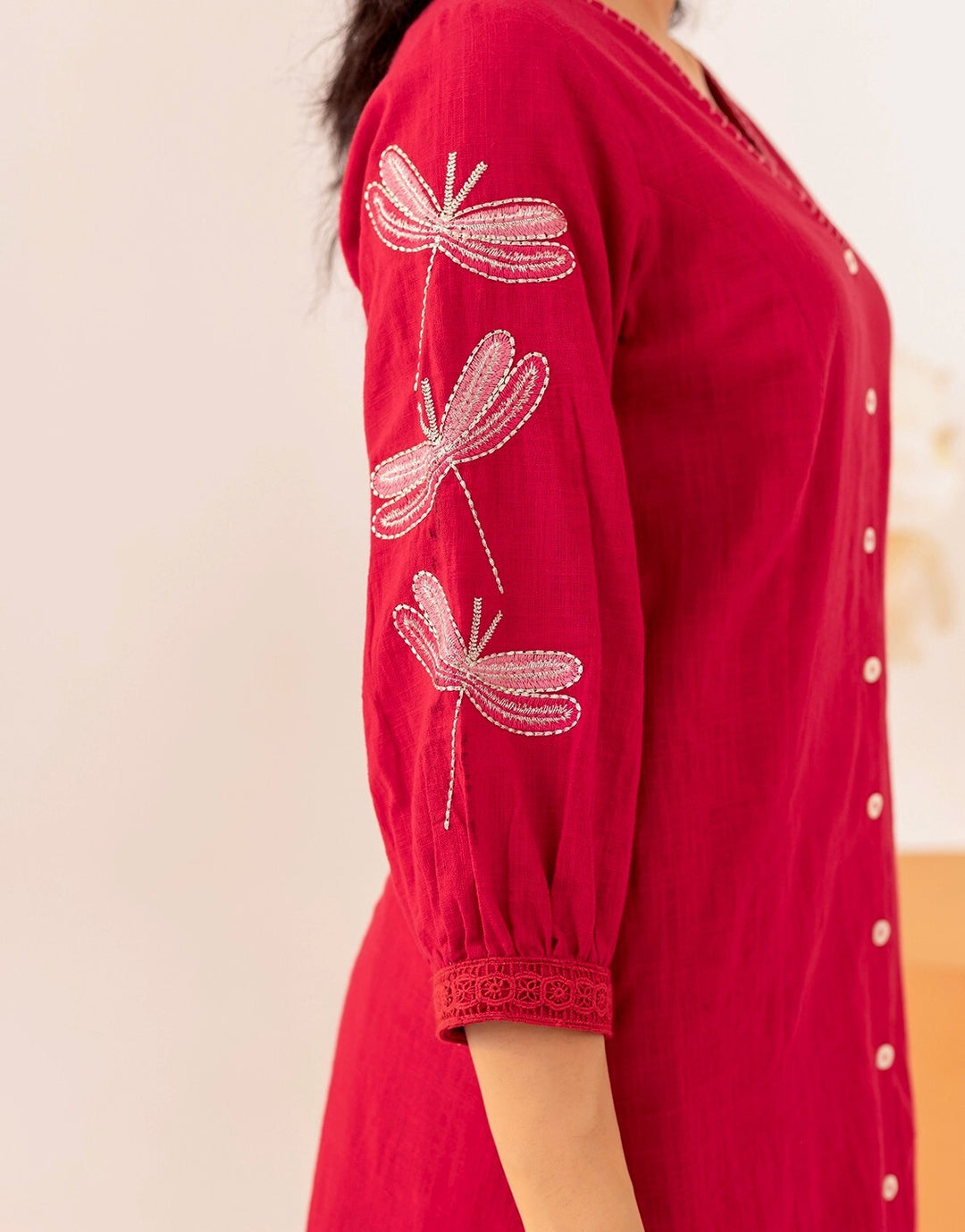 Red Cotton Flower Embroidered Kurta Set