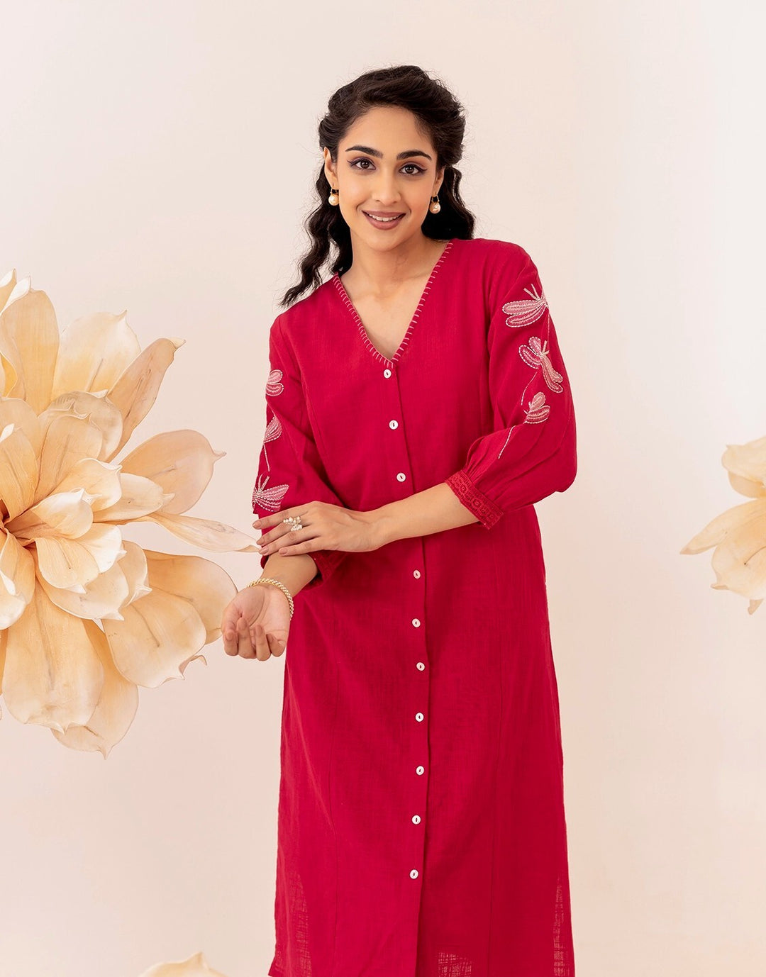 Red Cotton Flower Embroidered Kurta Set