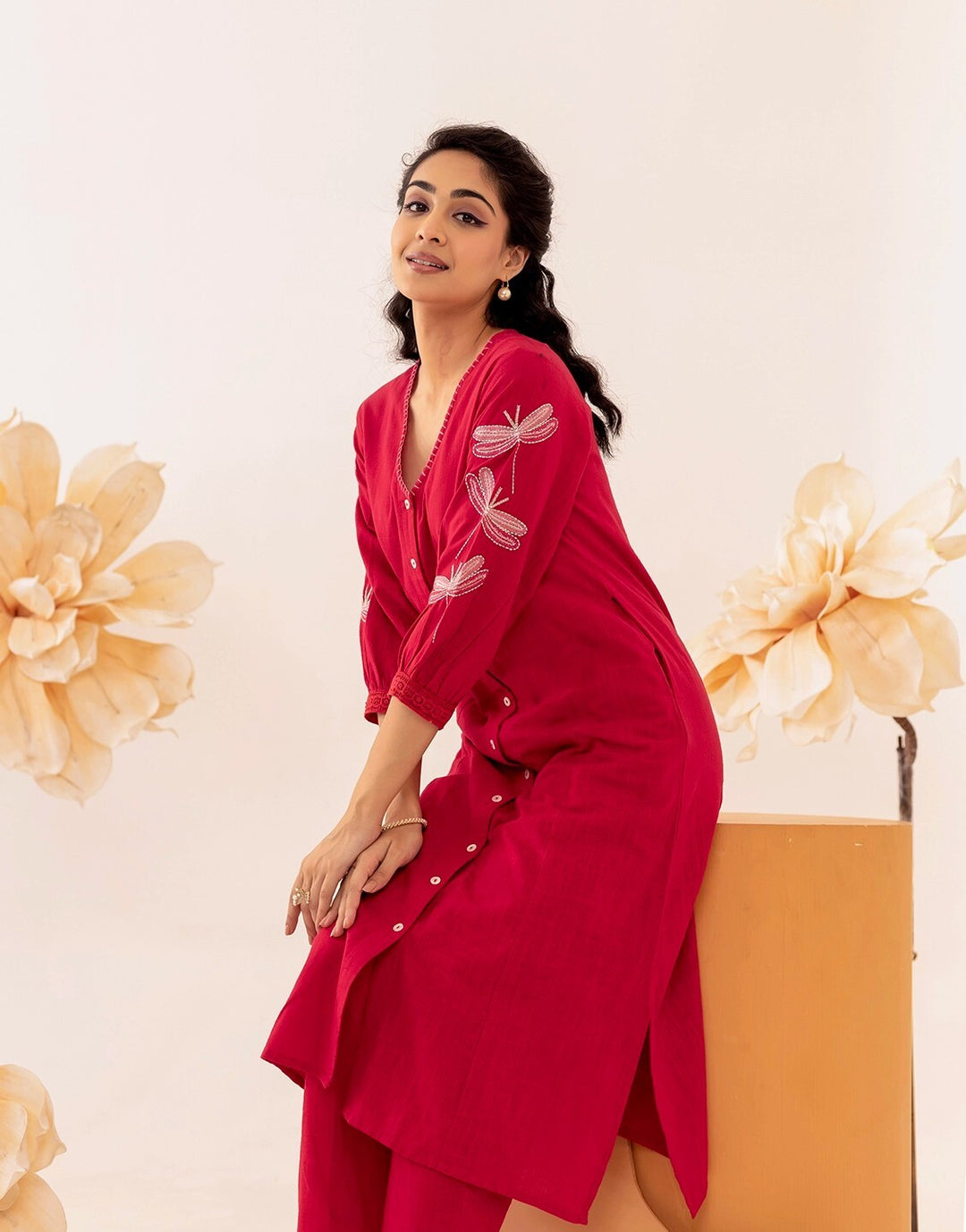 Red Cotton Flower Embroidered Kurta Set