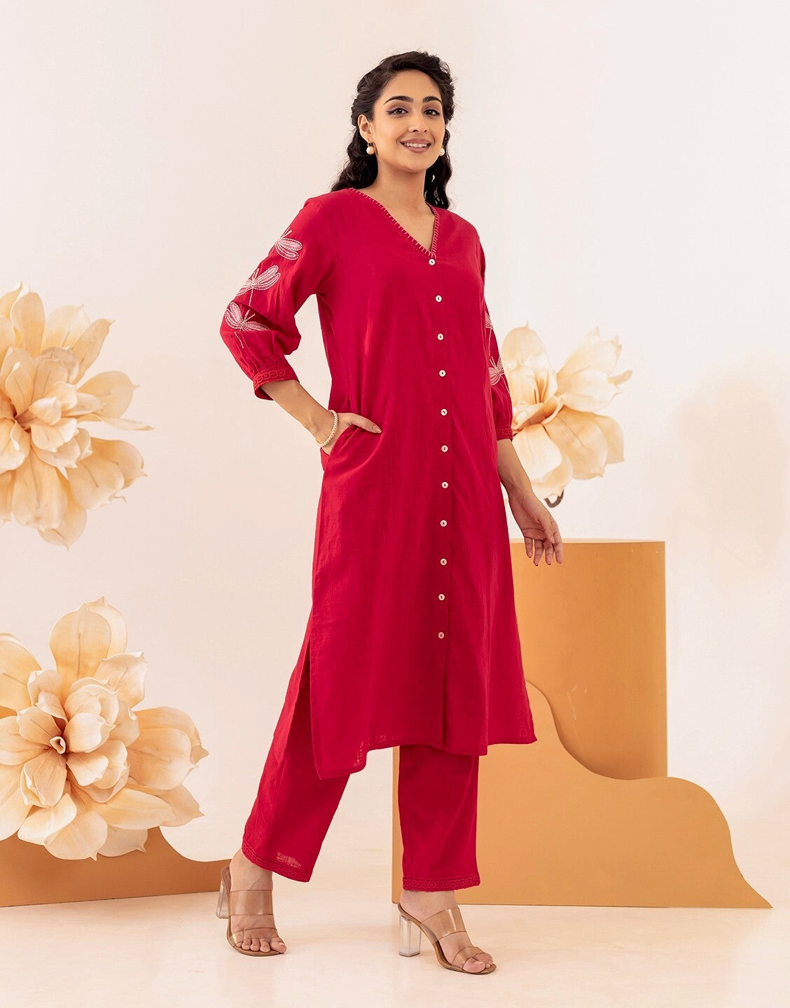 Red Cotton Flower Embroidered Kurta Set