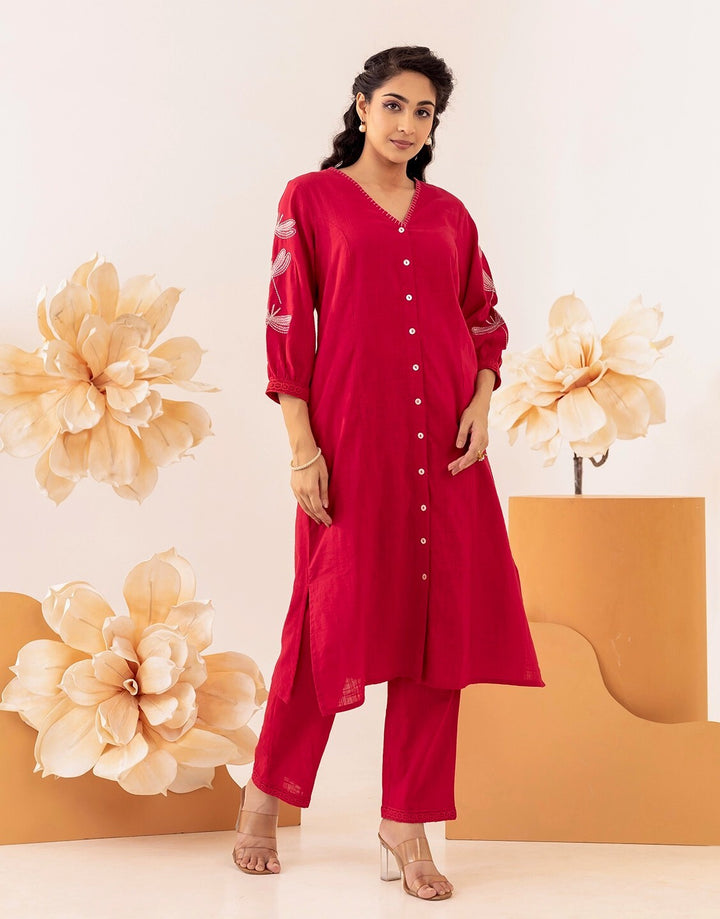 Red Cotton Flower Embroidered Kurta Set