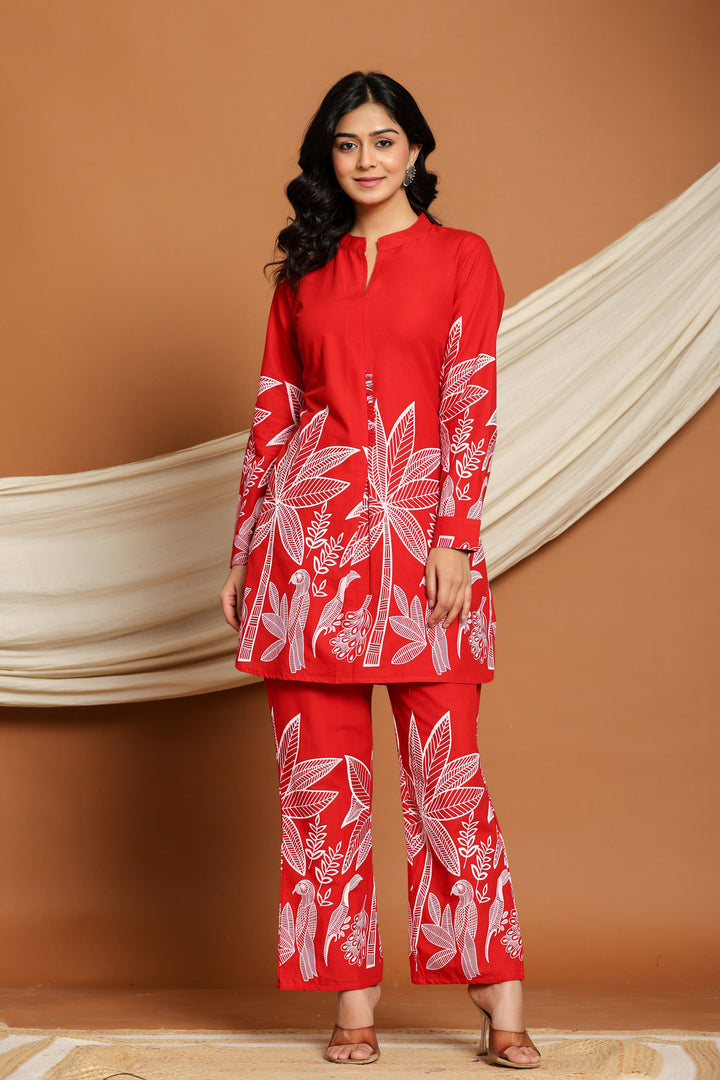 Red Cotton Floral Printed Co-ord Set for Women