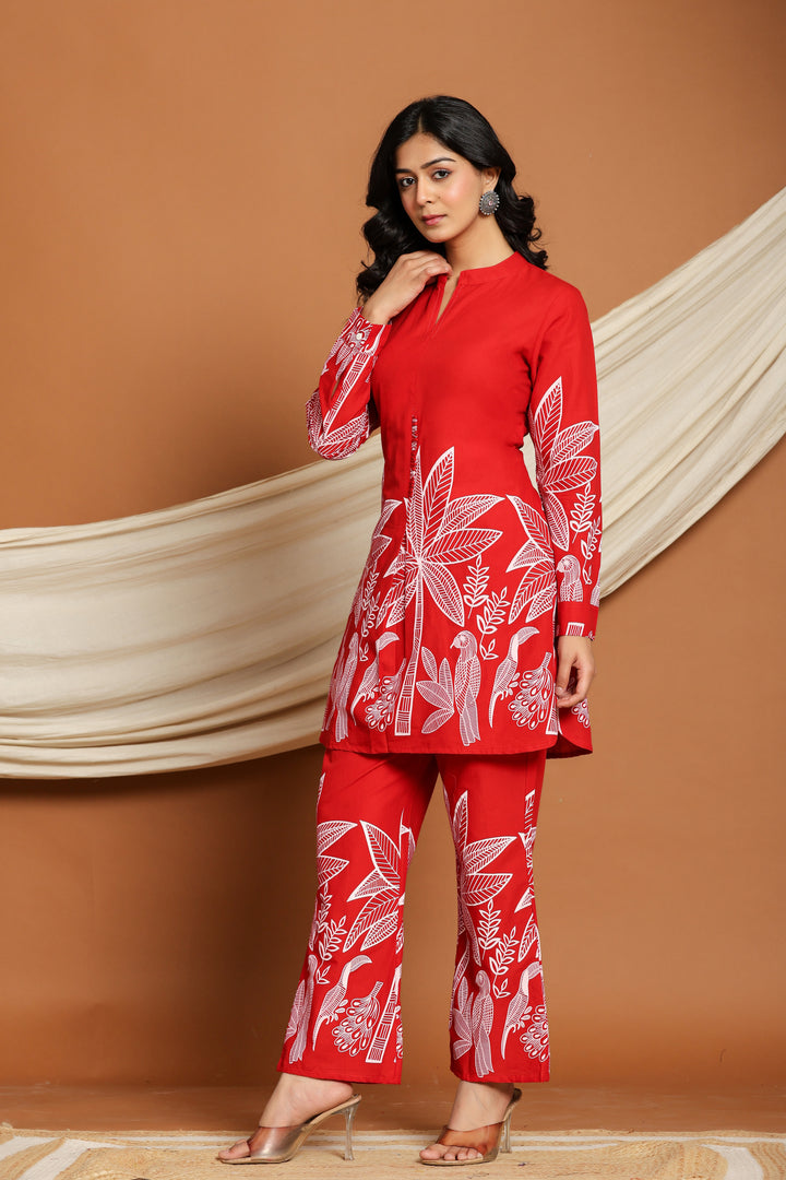 Red Cotton Floral Printed Co-ord Set for Women