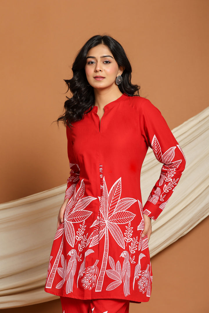 Red Cotton Floral Printed Co-ord Set for Women
