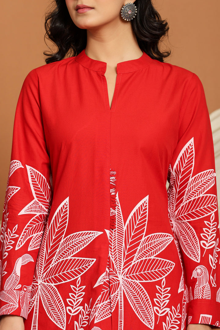 Red Cotton Floral Printed Co-ord Set for Women