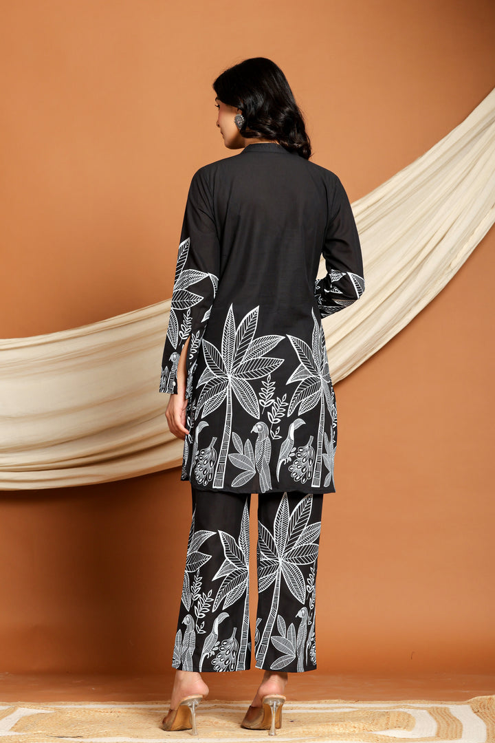 Black Cotton Floral Printed Co-ord Set for Women