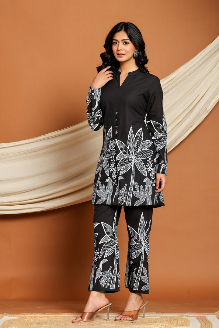 Black Cotton Floral Printed Co-ord Set for Women