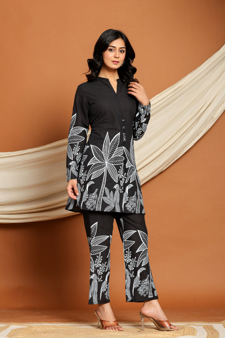 Black Cotton Floral Printed Co-ord Set for Women