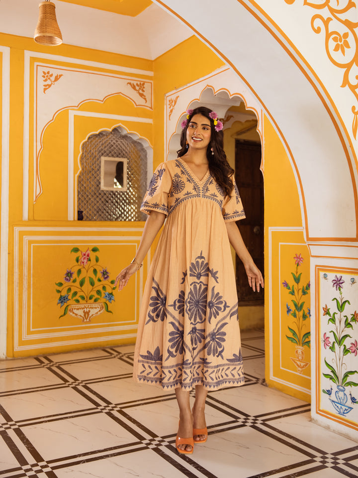 Beige Embroidery  Dress for Women