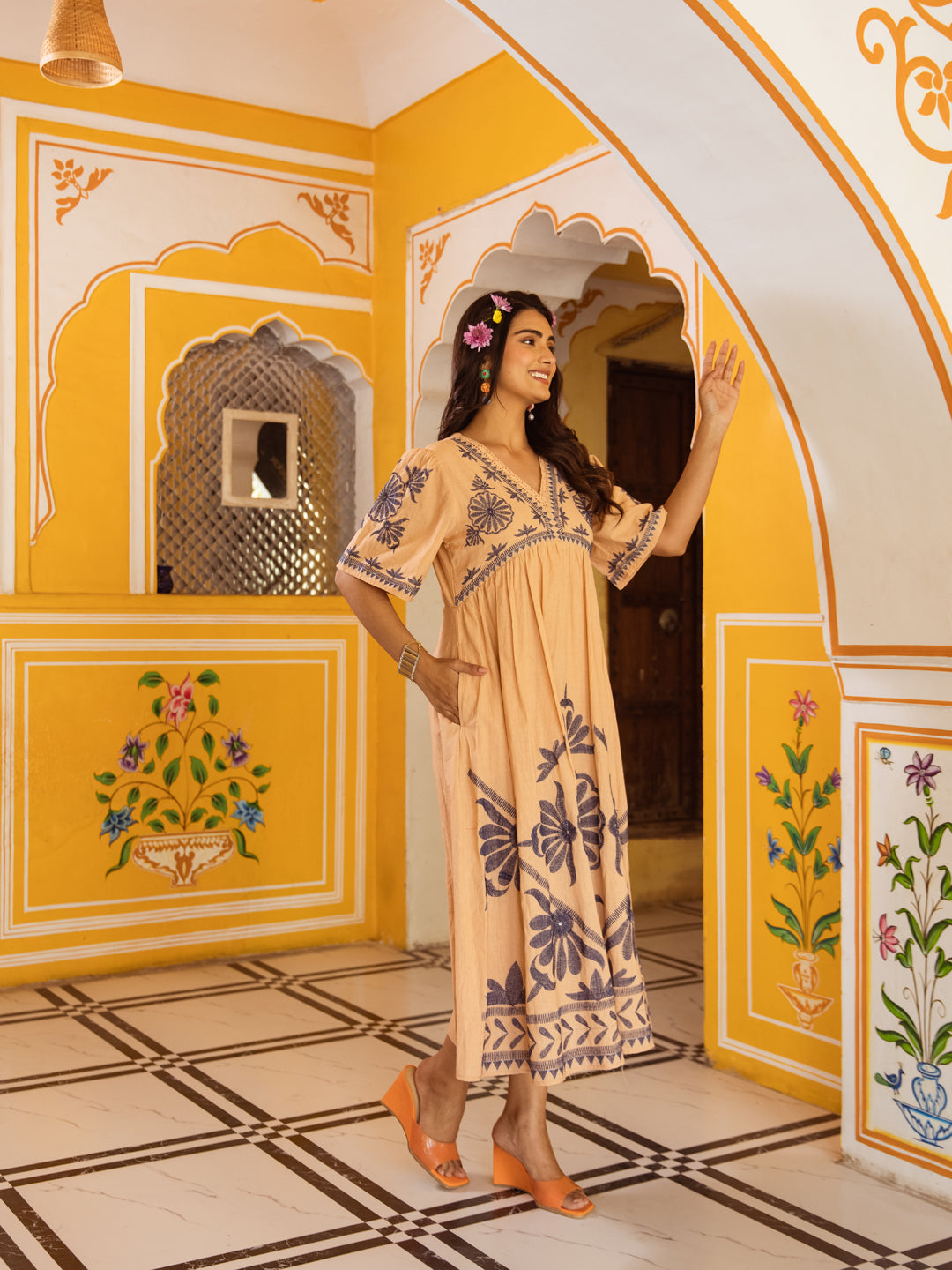 Beige Embroidery  Dress for Women