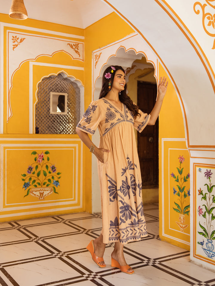 Beige Embroidery  Dress for Women