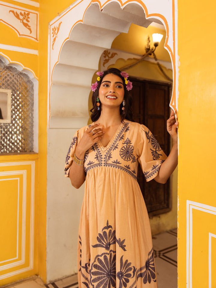Beige Embroidery  Dress for Women